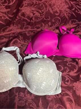 PINK Victoria's Secret Gray Logo Bra & Hot Pink T-Shirt Bra 38D
